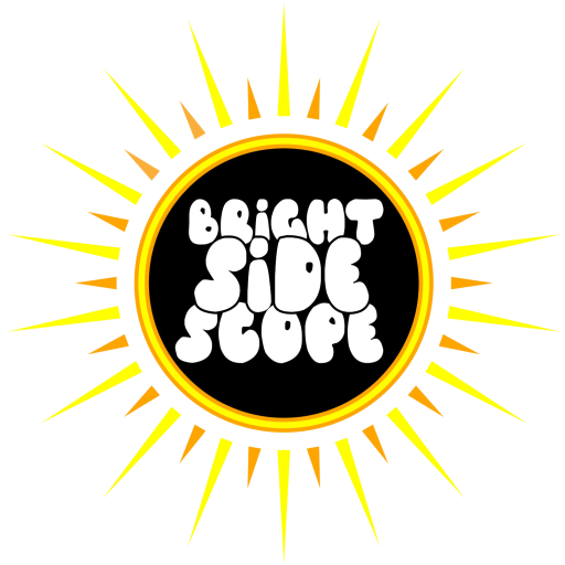 The Brightside scope logo with yellow and orange rays surrounding the sun with text inside the sun saying Brightside scope.