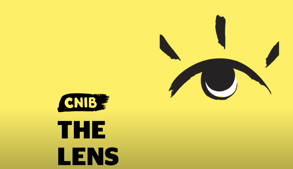 A screenshot of the CNIB podcast features a bright yellow background with a prominent eye logo. The text overlay includes the title of the podcast episode, highlighting an interview with Ben Akuoko. The image captures the essence of the podcast, which focuses on stories and discussions related to vision loss, empowerment, and advocacy within the visually impaired community.