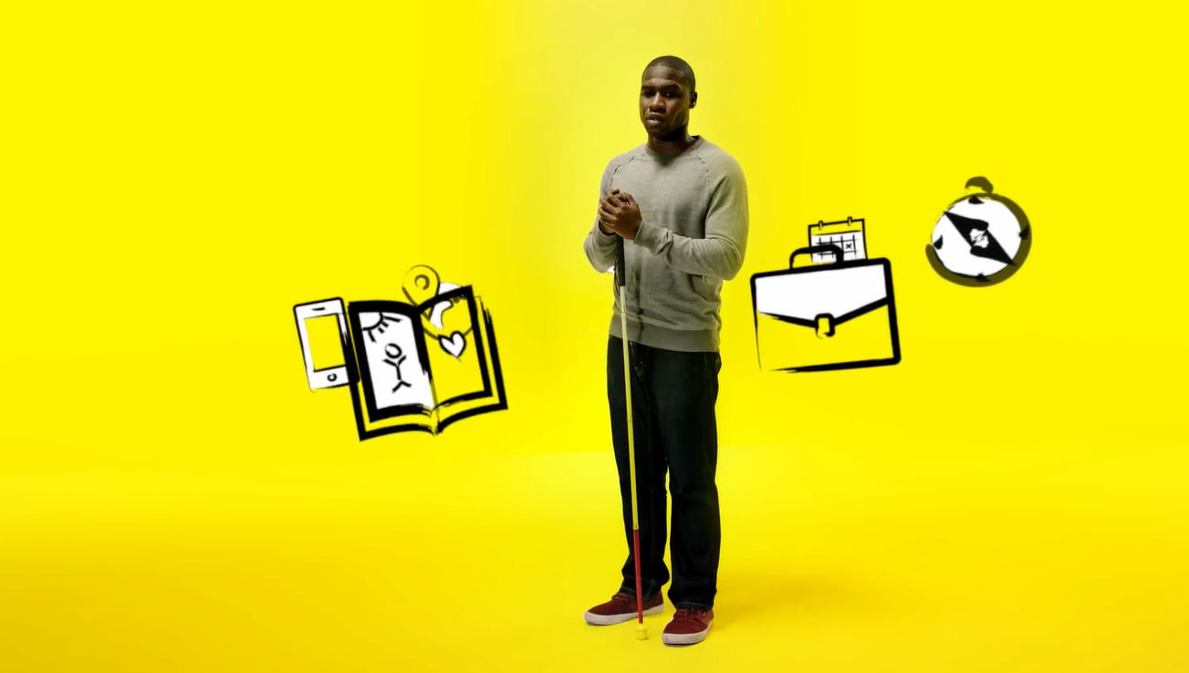 Ben Akuoko stands against a vibrant yellow background, holding a cane in his hand. Surrounding him are cartoon icons: a book, representing knowledge; a suitcase, symbolizing professionalism; and a calendar, indicating organization and time management. His confident posture and friendly expression shine through, with the yellow backdrop adding warmth and energy to the scene